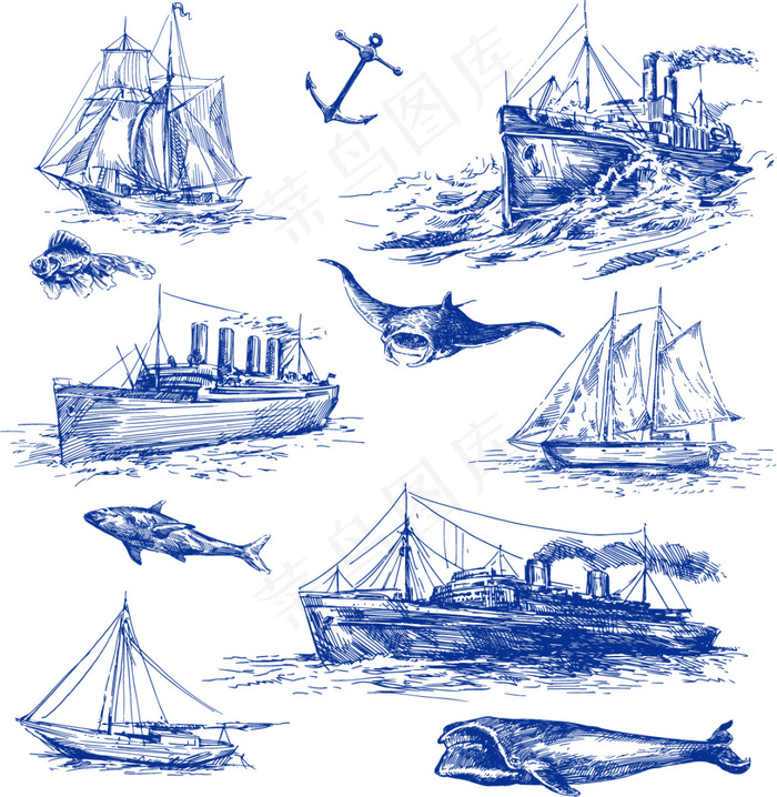 矢量航海线描钢笔画元素船鱼等ai矢量模版下载