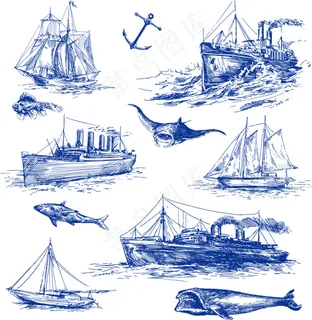 矢量航海线描钢笔画元素船鱼等