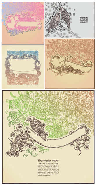线条画风格的花卉图案的小鸟矢量素材