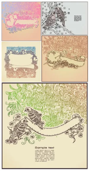 线条画风格的花卉图案的小鸟矢量素材 线条画风格的花卉图案的小鸟矢量素材