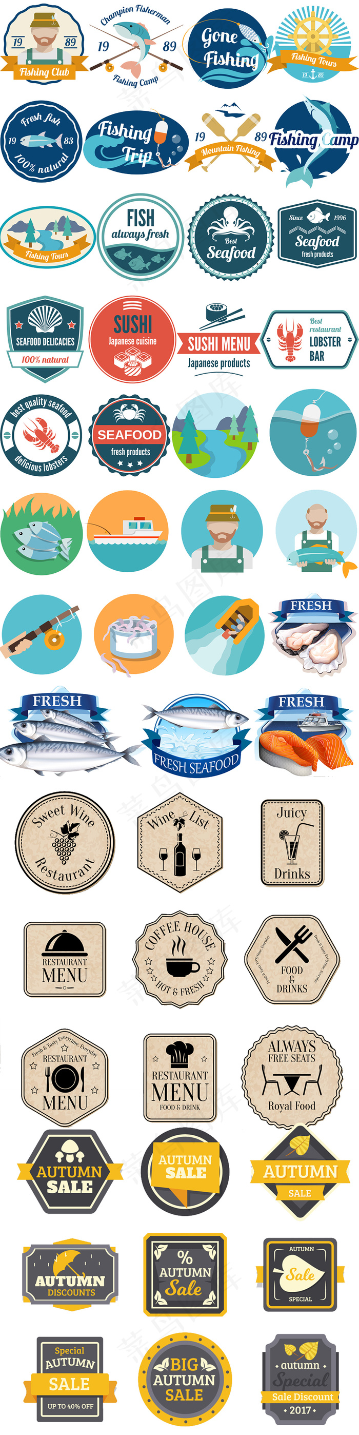 矢量鱼类徽章图标设计元素促销餐饮类...