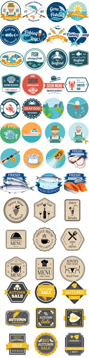 矢量鱼类徽章图标设计元素促销餐饮类...