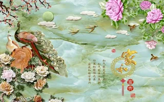 孔雀家和富贵玉雕背景墙