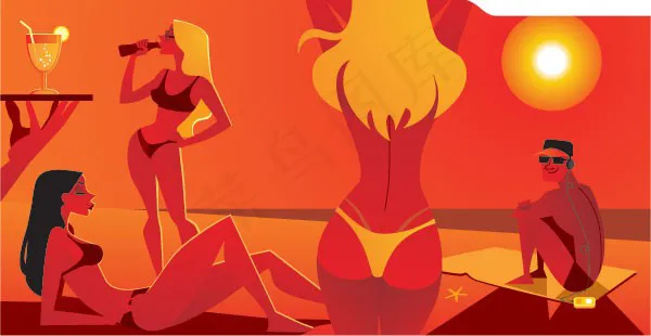 沙滩时尚泳装美女矢量素材eps,ai矢量模版下载