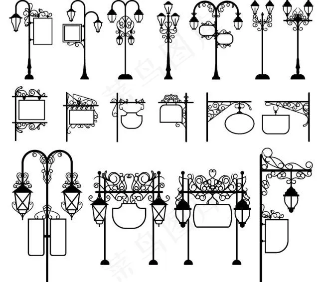 17款复古带广告牌的路灯矢量素材ai矢量模版下载