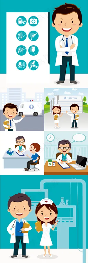 医生医疗手绘Q版教师海报素材门诊输...
