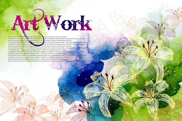 手绘花朵与水彩背景