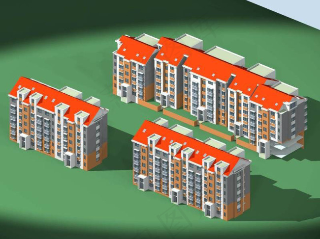 都市住宅区3d多层建筑模型