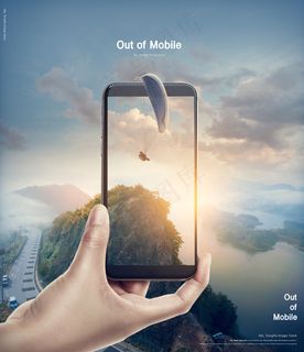 创意手势手机城市未来合成海报psd源文件素材