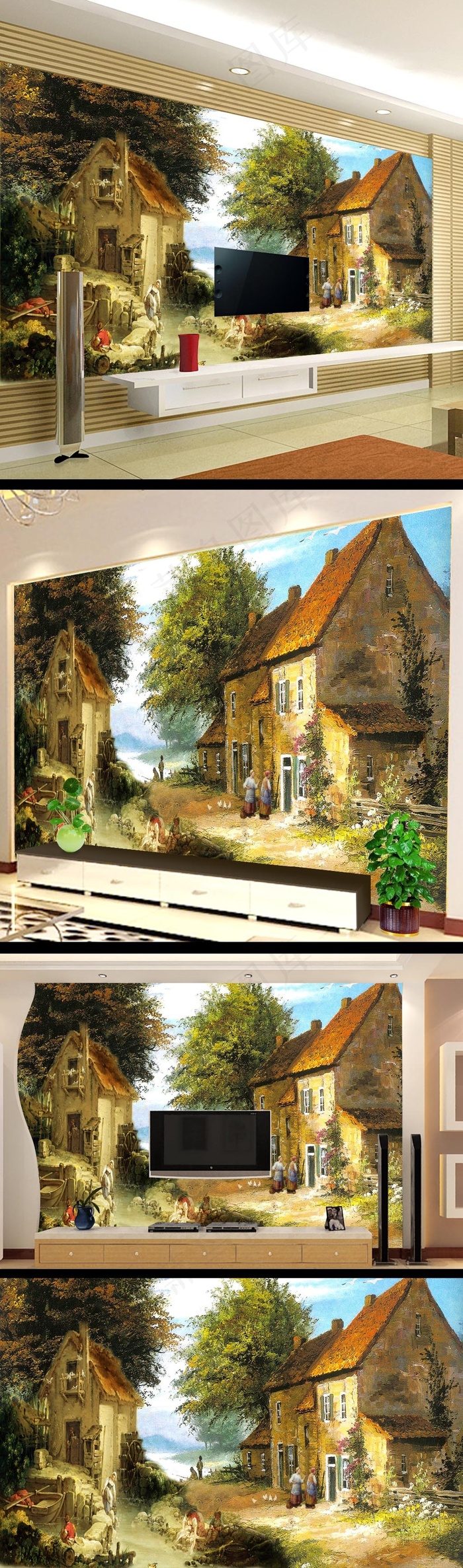 村庄风景油画电视背景墙设计