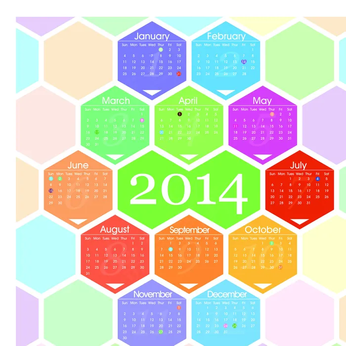 蜂巢2014彩色日历模版ai矢量模版下载