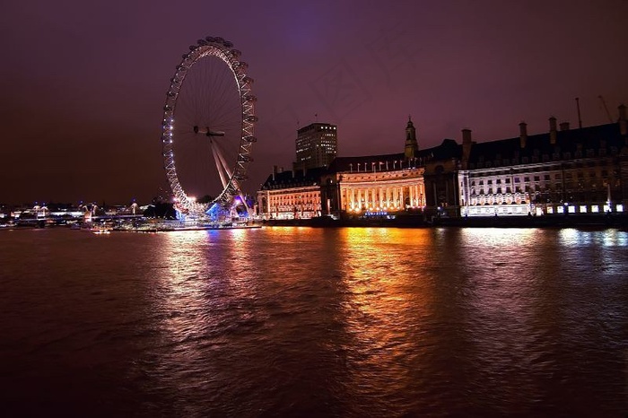 江河,都市夜景,摩天轮,街灯,街道,伦敦眼