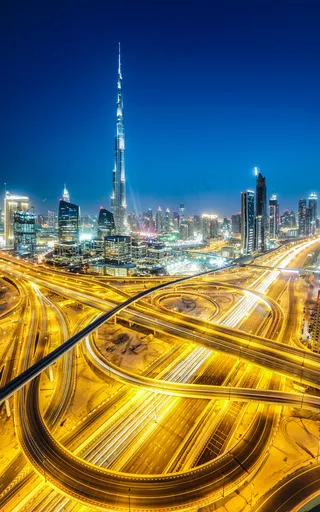 都市夜景,夜景摄影,桥梁,街道,街灯,迪拜的公路和轨道-哈利法塔