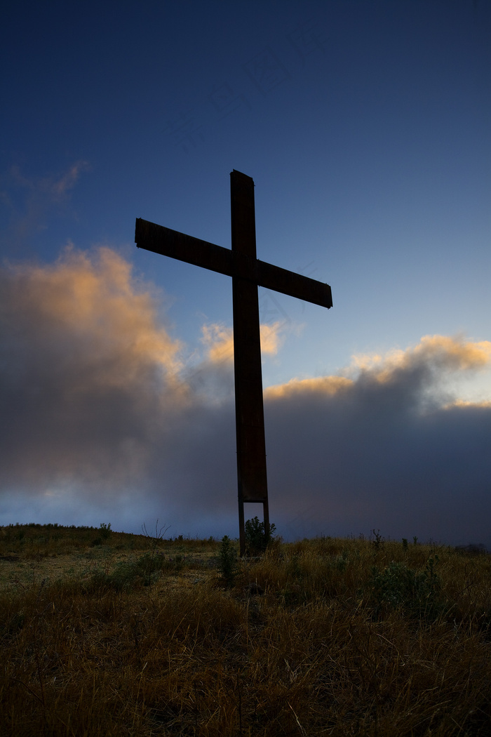 天空,十字架,树,山峦,风景,跨云