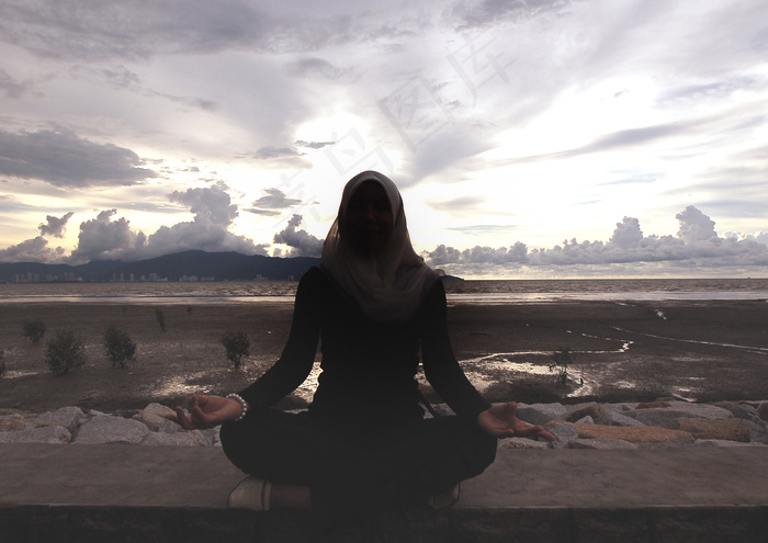 江河,脚,天空,男孩,摩托车,放松Si Gadis Siluet