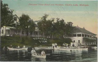 西南克拉克湖杰克逊湖，密西西比州，约1910年，夏季假期记忆和独木舟乐趣在愉悦景观酒店及游戏和舞蹈活动展馆摄影师未知邮戳