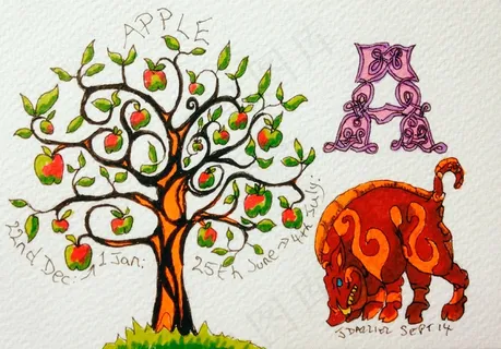 卡通动漫人物,图画,彩色树,工笔画,文字图片,德鲁伊星座：苹果