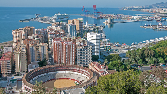风景,居民楼,图画,街道,轿车,马拉加港口从吉布拉尔法罗的视图