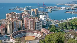 风景,居民楼,图画,街道,轿车,马拉加港口从吉布拉尔法罗的视图