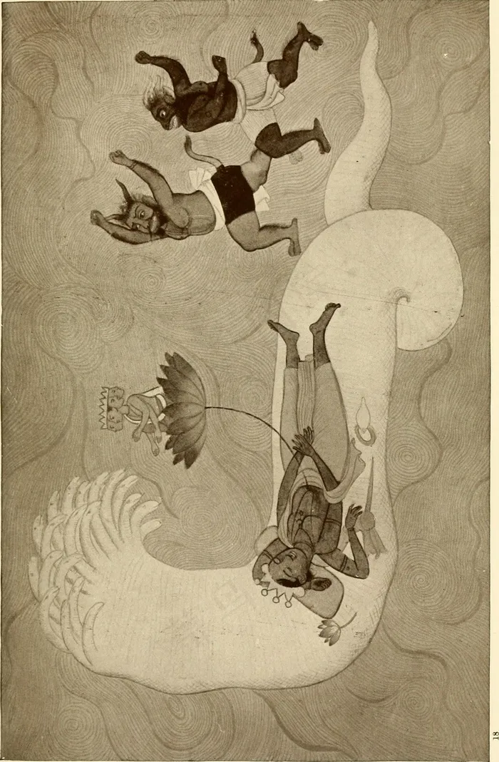 卡通动漫人物,图画,工笔画,绘画,五禽戏,图片来自“印度神话和传说”（1943年）第194页