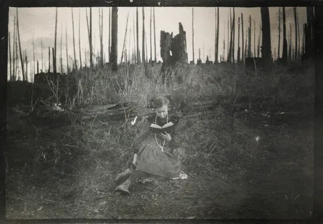 在烧毁的森林里读书的小女孩