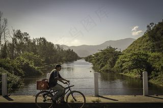 街道,树,摩托车,自行车,天空,在桥上