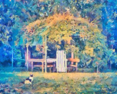 油画,枫树,峡谷,湖泊,江河,意大利Fucecchio别墅的乔木前的猫的数字油画蜡笔画