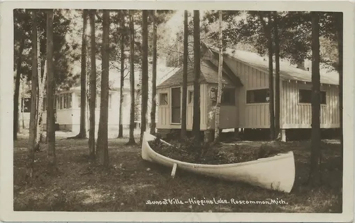 NE Roscommon MI RPPC 1932在美丽的希金斯湖上的日落别墅度假别墅享受度假乐趣，爱木皮草种植者摄影机UNK 6