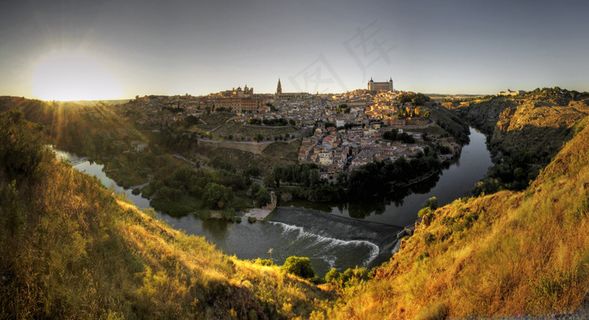 风景,城垣,山峦,树,油画,托莱多日落全景