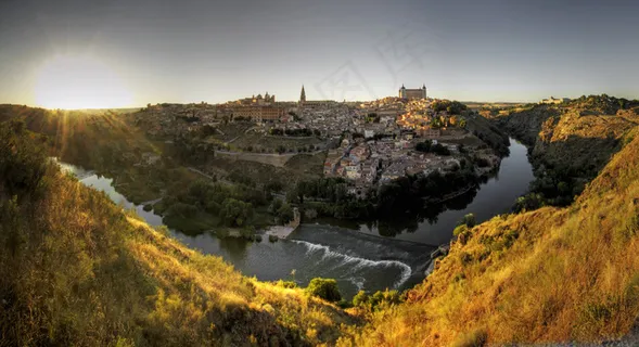 风景,城垣,山峦,树,油画,托莱多日落全景 风景,城垣,山峦,树,油画,托莱多日落全景