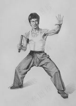 ,钢笔画,弓步,五禽戏,工笔画,李小龙