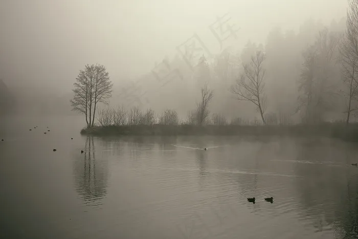 湖泊,江河,天空,冰雪,浓雾,在湖边