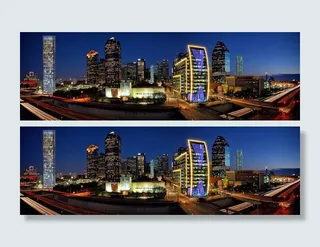 博物馆塔在这张图片的最左侧飙升，飞越艺术区，为达拉斯核心CBD北侧城市景观增添了亮点。亨特石油塔（Hunt Oil Tower）位于中心，其令人难以置信的LED照明照亮了该建筑物，2010年6月