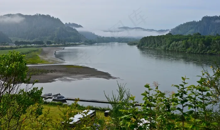 树,天空,风景,湖泊,轿车,克拉马斯河上的黑暗早晨