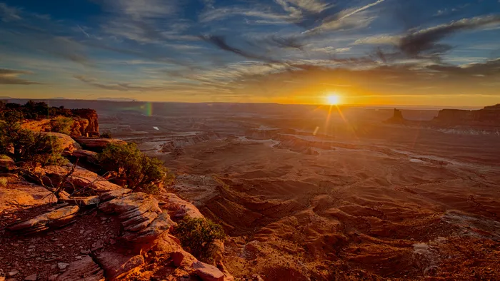 霞光,天空,油画,山峦,卷积云,犹他州峡谷地国家公园