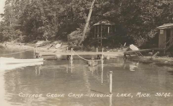 树,街道,桥梁,风景,大雪,NE Roscommon希金斯湖MI 1930年代RPPC木船和独木舟码头在历史悠久的格罗夫营地和希金斯北端的避暑胜地摄影师Unk2