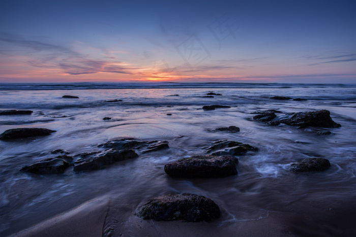 海滩，长城，海洋，海，日落