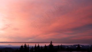 云团，黎明，黄昏，环境，森林，地平线，景观，户外，柔和的粉红色，风景，天空，阳光，日出，日落，树木，温暖