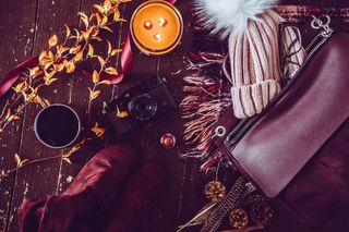 秋季，相机，蜡烛，咖啡，秋天，帽子，钱包，科技