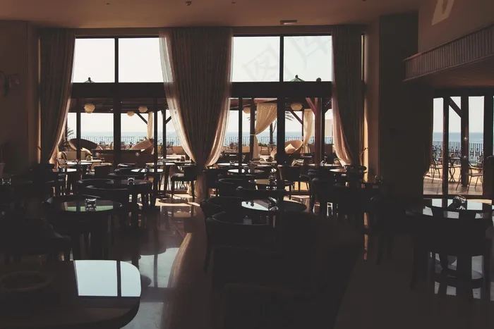 蓝色，椅子，酒店，度假村，餐厅，海，表，查看