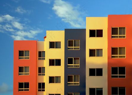 公寓，背景，块，蓝色，建筑，建筑物，城市景观，云，多彩，公寓，一天，设计，现代，天空，充满活力，Windows