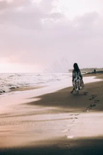 返回，海滩，海岸，女性，脚印，海洋，人，沙，肖尔，天空，潮汐，视图，行走，水，波，妇女