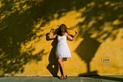 连衣裙，女孩，墙，白，女人，黄色