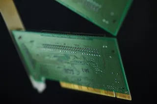 抽象，适配器，卡，芯片，电路，特写，计算机，连接器，数字，电子，浮动，焦点，黄金，绿色，反射