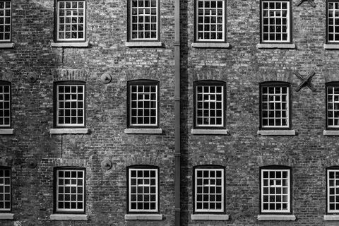 体系结构，砖，建筑，外墙，外立面，平面，玻璃，单色，模式，对称，城市，墙，Windows