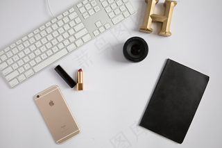 计算机，桌面，设备，平躺，自由职业者，新闻，键盘，镜头，口红，办公室，电话，智能手机，技术，顶部，工作区