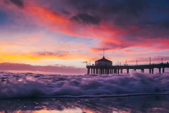 海滩，加利福尼亚州，云，海岸，人类发展报告》，码头，红色，天空，夏季，日落，美国