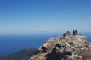 蓝色，儿童，攀爬，家庭，之一，山，风景，天空，顶部，视图，女人