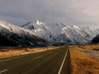 沥青，多云，高速公路，山，性质，户外，通过，高峰，路，风景，天空，雪域，癖