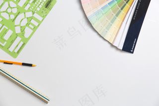 背景，业务，创意，设计，设计师，元素，平躺，自由职业者，办公室，铅笔，尺子，模具，色板，顶部，查看